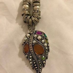 Art Deco Style Jeweled Leaf Silver-Tone Necklace